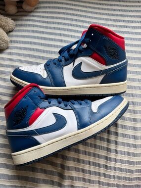 Jordan Women’s Mid-Top Sneakers in White, Navy & Red